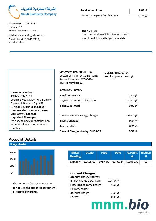 Arabia Saudyjska Saudi Electricity Company electricity rachunek za usługi komunalne szablon w formatach Word i PDF